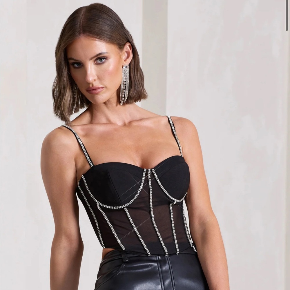 Club London -LIGHTS ON
BLACK SHEER DIAMANTE CORSET CROP TOP